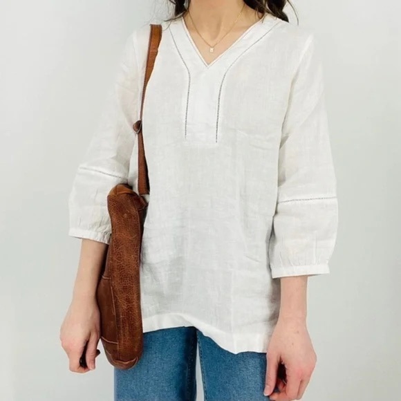 3/$30 🍂 Joie White 100% Linen Embroidered Stitch Sleeve V-Neck Peasant Top - Picture 1 of 10